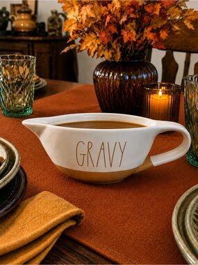 Rae Dunn “GRAVY” White & Tan Ceramic Gravy Boat Artisan Collection by Magenta.